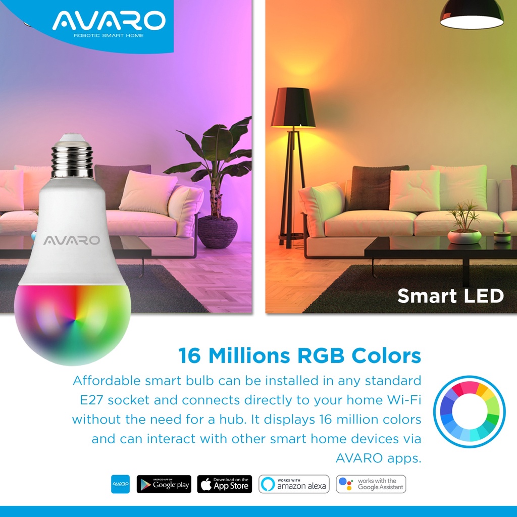 [GRATIS ONGKIR] EXCLUSIVE AVARO Lampu Smart LED 12W WIFI Smart Bulb (RGB+WW)