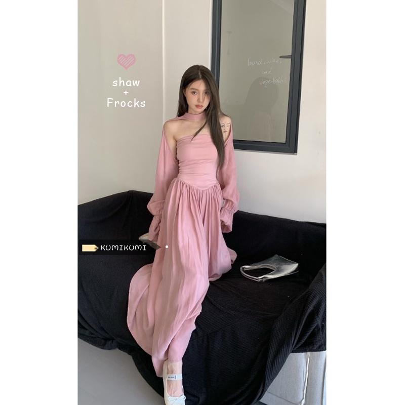 Red kumikumi pink lengan panjang pendek rajutan selendang wanita musim gugur pinggang slim tube top setelan rok