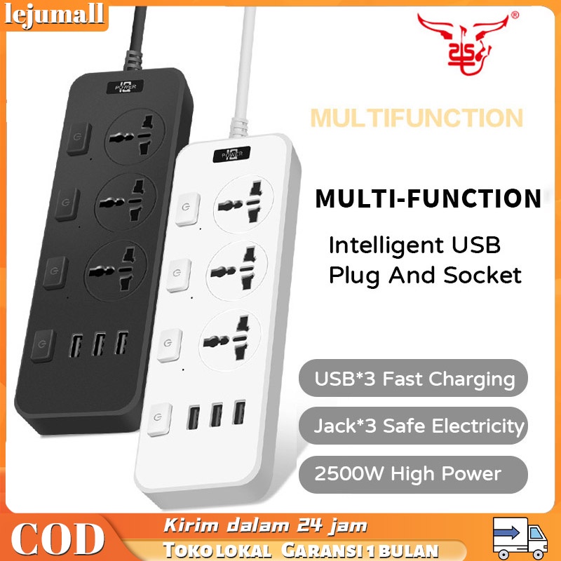 Soket Stop Kontak USB dengan Sakelar Independen dengan 3 Port USB Bercahaya dengan Kabel 1.8M