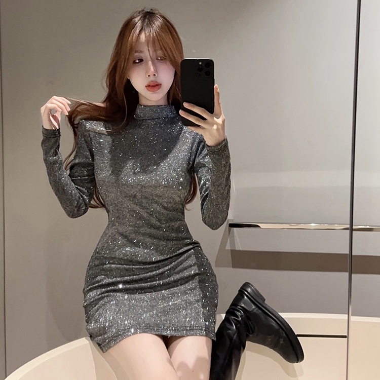 Red Seksi berongga gaun wanita musim semi high-end payet paket pinggul rok babes ketat lengan panjang rok pendek