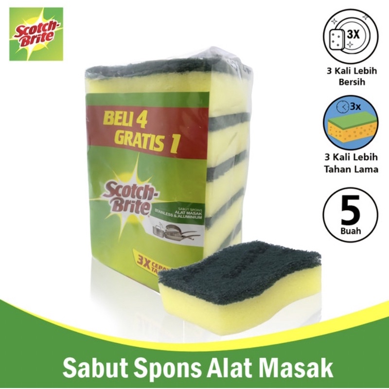 Scotch brite 3M 5pcs sabut spons hijau cuci piring ID30P5