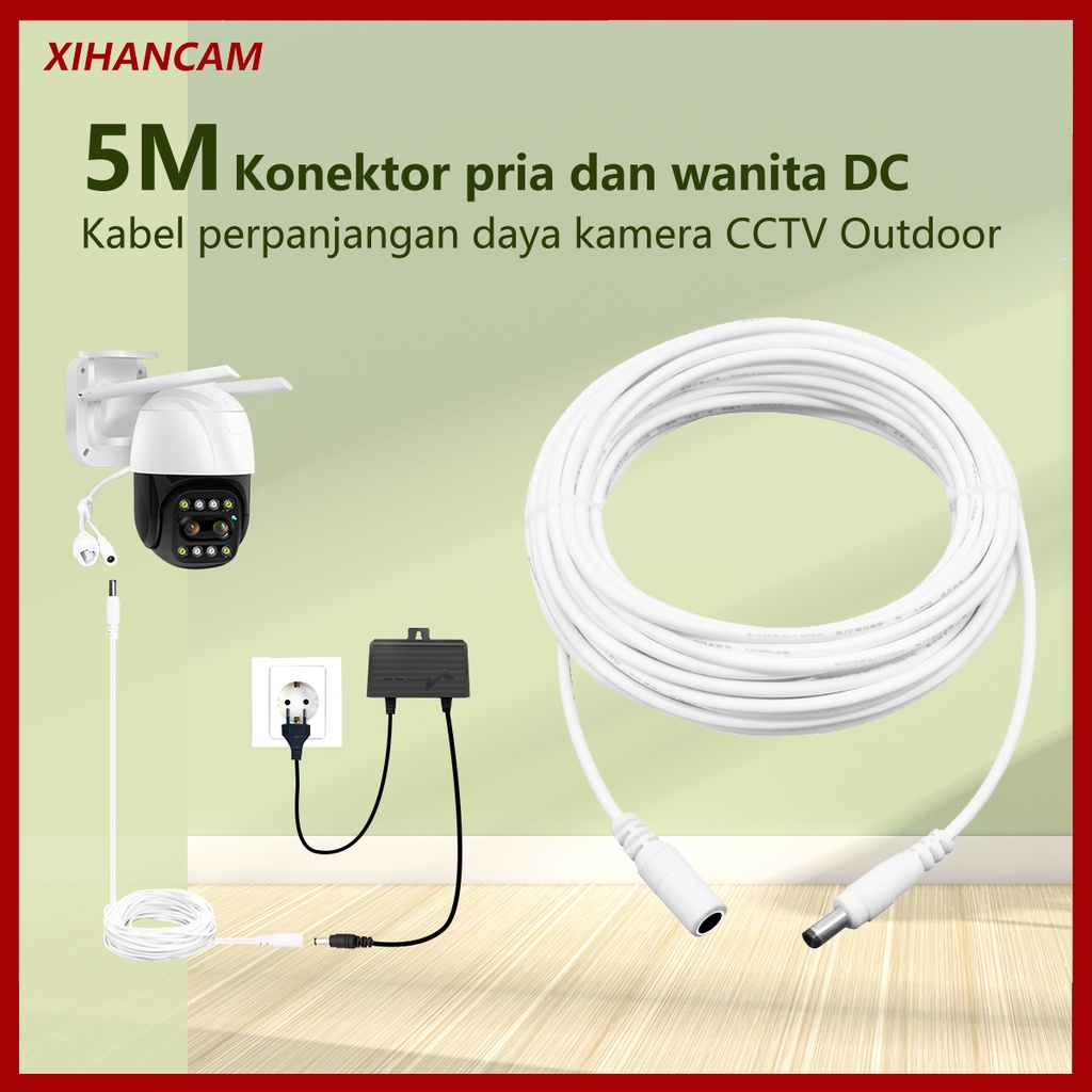 XIHANCAM Sambungan Kabel Listrik Tembaga Yang Diperpanjang DC 5.5x2.1 Kamera CCTV Power Extension Cable Accessory 12V Powerline Adapter 5M Panjang For CCTV Outdoor