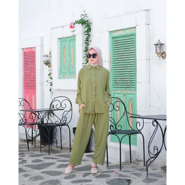 JOSHIN Nafia Oneset Crinkle Airflow - Setelan Kemeja Crinkle Baju Lebaran