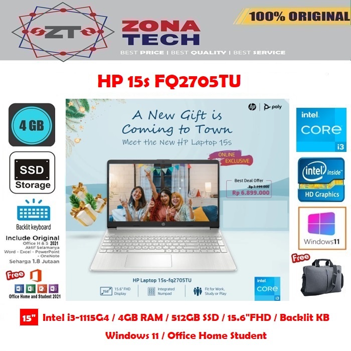 LAPTOP HP 15s FQ2705TU- i3-1115G4 - 4GB - 512GB SSD - BACKLIT KB - 15.6&quot;FHD - WIN11 - OHS