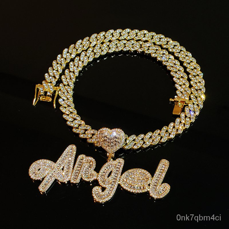 Grandbling Custom Name Necklace with Heart Rhinestone Cuban Chain Word Necklace  Iced Out CZ Persona