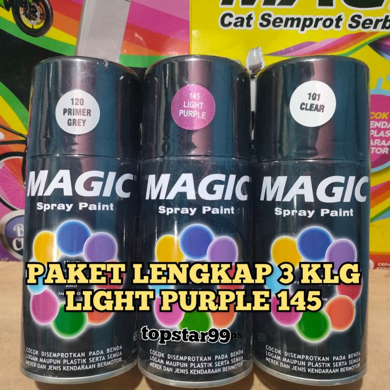 Pilok Pilox Cat Semprot Magic Paket Lengkap 3 Kaleng 300cc Paketan Ungu Metalic Metalik Light Purple 145 Primer Grey Epoxy 120 Clear Pernis Glossy Mengkilap 101 Spray Paint