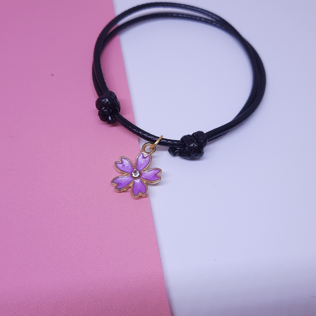 Gelang Couple Aesthetic Korea Pasangan Bestie Pacar Persahabatan Tali Korea Hitam Simple Lucu Murah Liontin Bunga Sakura