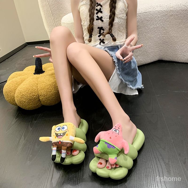 Sandal wanita SpongeBob SquarePants sandal dasar datar yang lucu sandal bawah yang lembut sandal jep