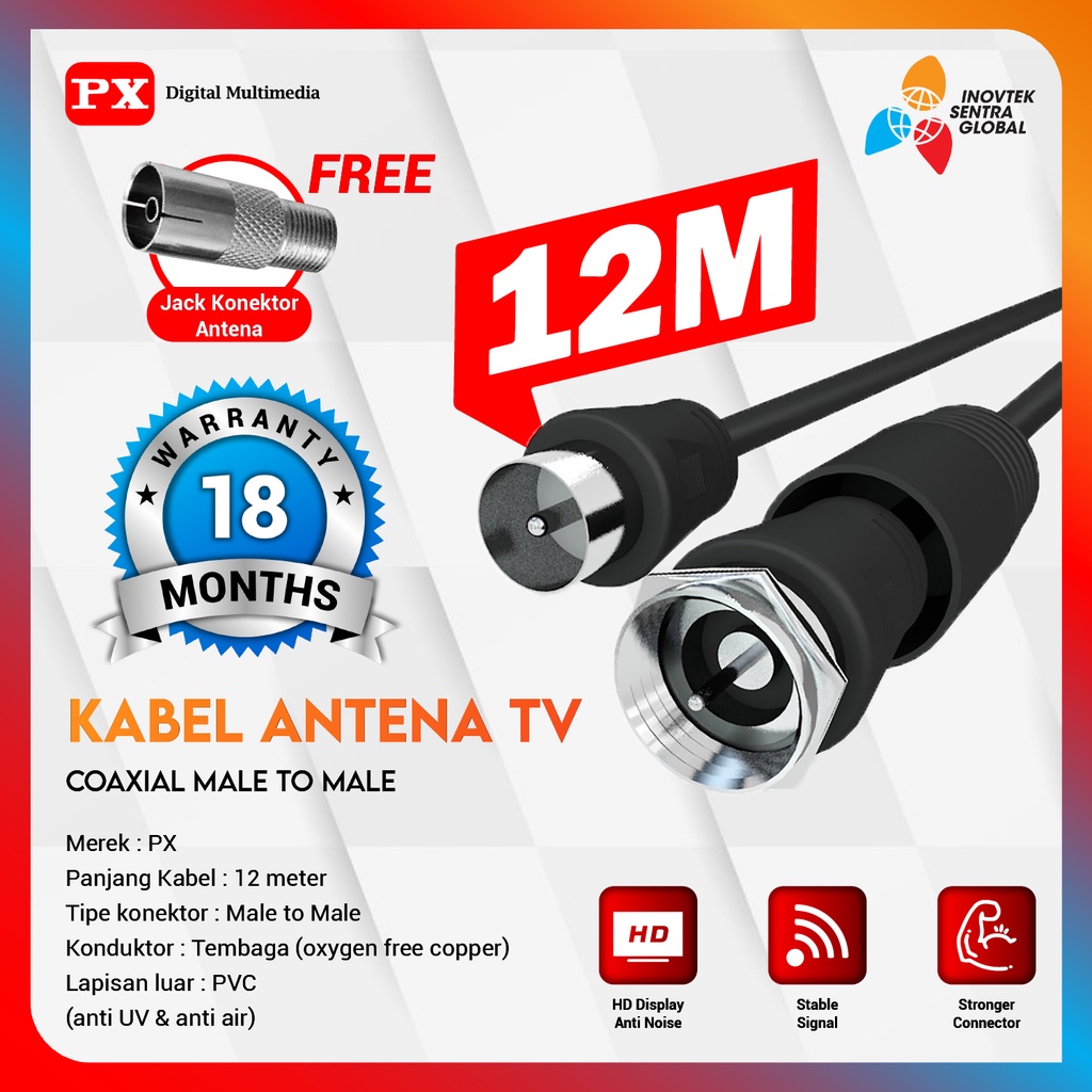 PX Coaxial Kabel Antena TV Parabola Male To Male 12M - GARANSI RESMI