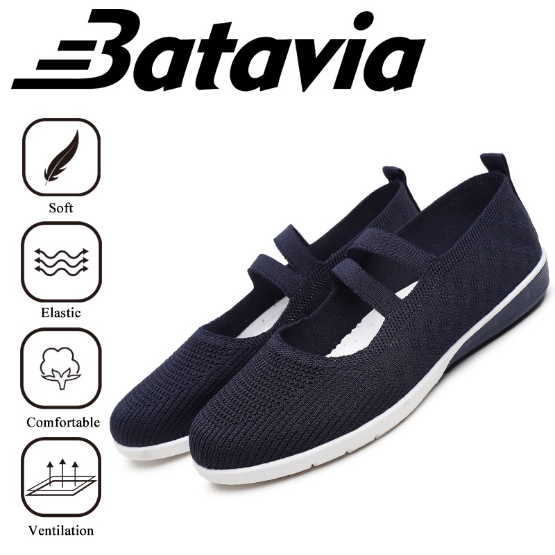 （COD）Batavia Fashion terbaru berkualitas tinggi Sepatu wanita datar Korea sepatu ibu slip-on lembut bernapas nyaman sepatu sekolah wanita hitam A160