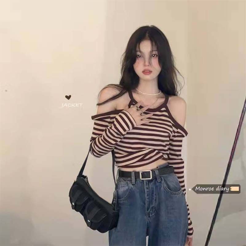 Red Bergaris off-the-shoulder pendek halter top kepribadian pakaian wanita rasa desain ceruk musim semi dan musim gugur keinginan murni angin lengan panjang T-shirt in