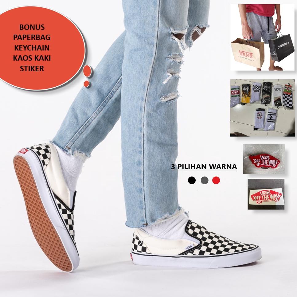 MALL Sepatu Vans Slipon Slip On CheckerBoard Catur Premium Waffle DT Hitam Putih Abu Merah Maroon IM