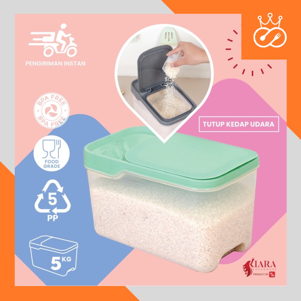 Tempat Beras 5 kg / Rice Box Kiara CJP FREE Gelas Takar - Random Warna