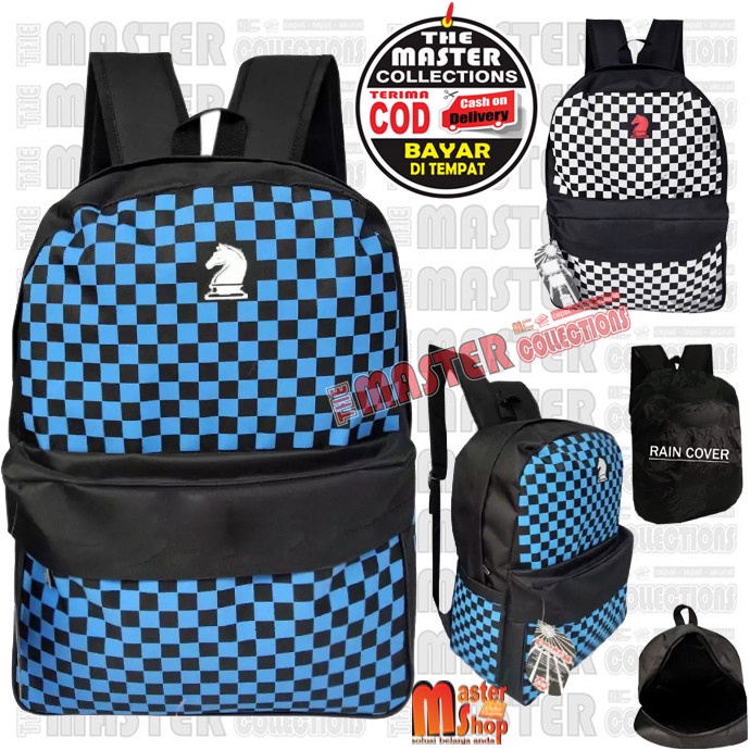 Tas Backpack Pria Laptop Sekolah Punggung Motif Catur Keren Biru L1X6 Tas minimalis korean style Kek