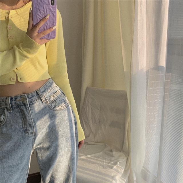 Red Rajutan Kardigan Kecil Lengan Panjang Tipis Sweter Pendek Mantel Wanita Musim Semi 2021 Baru Longgar Kuning Bottoming Top