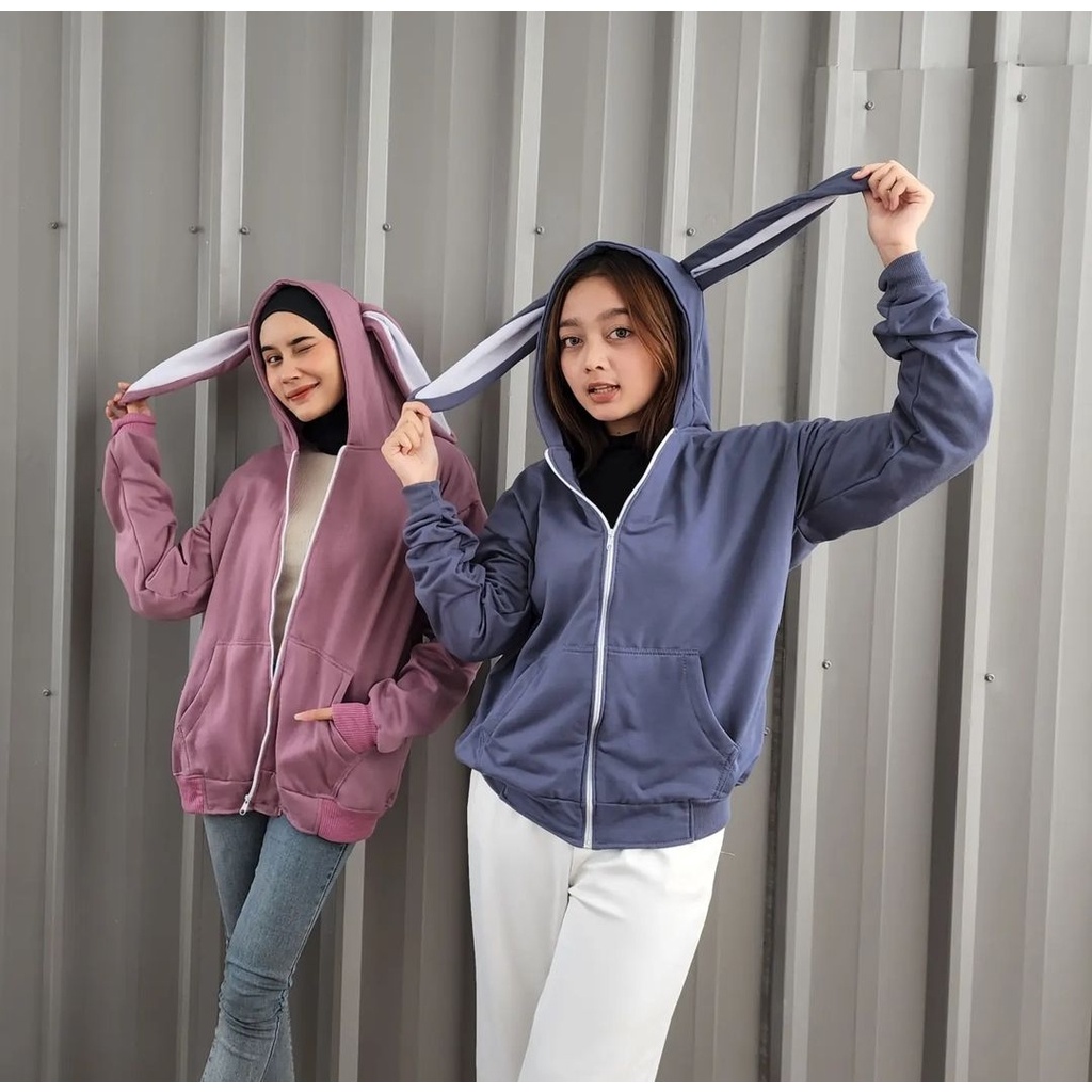 RABBIT HOODIE ZIPPER SWEATER WANITA BERTOPI LUCU JACKET KOREAN FASHION OOTD KASUAL SANTAI