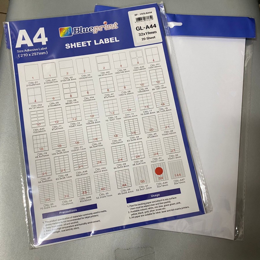 

Kertas Label Sticker HVS Doff A4 BLUEPRINT Uk 32 x 19 mm - 20 lembar