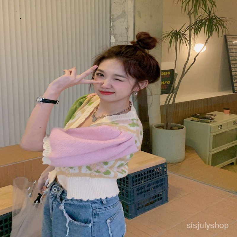 Kardigan rajut n-neck warna kontras wanita musim semi 2023 new loose short top wanita