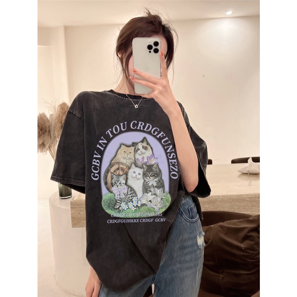 EUNII T-shirt Lengan Pendek Black Washed Retro Cartoon Cats Printing Korean Style/Kaos Atasan Wanita/Baju Wanita