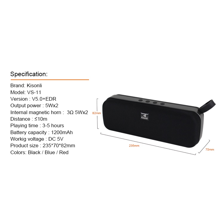 Speaker VS-11 Bluetooth Kisonli Portable Super Bass  Support USB, TF Card &amp; AUX - XOBOX