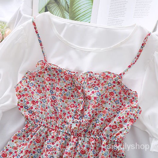 [✅BISA COD] #Sisjuly# Atasan wanita / baru palsu dua potong bunga leher bulat pinggang lengan pendek