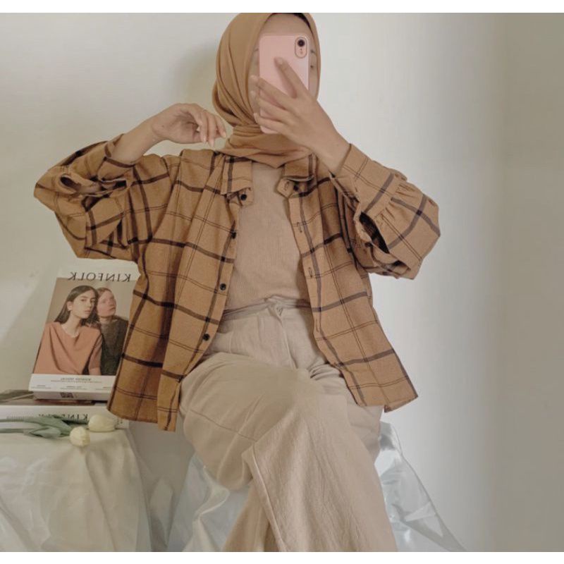 kemeja flanel lengan panjang unisex pria wanita