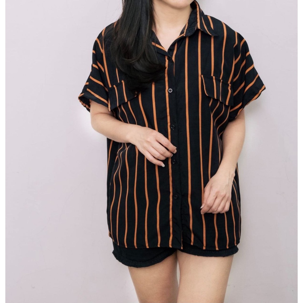 MR2307 Kemeja Oversize Salur XXL 2WARNA / DM / Baju Atasan Wanita / Blouse Kemeja Kasual Jumbo / Baj