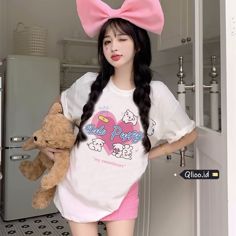 Print T-shirt Kaos Lengan Pendek Cartoon Pink Heart Dog Baju Wanita Oversize Korean Style
