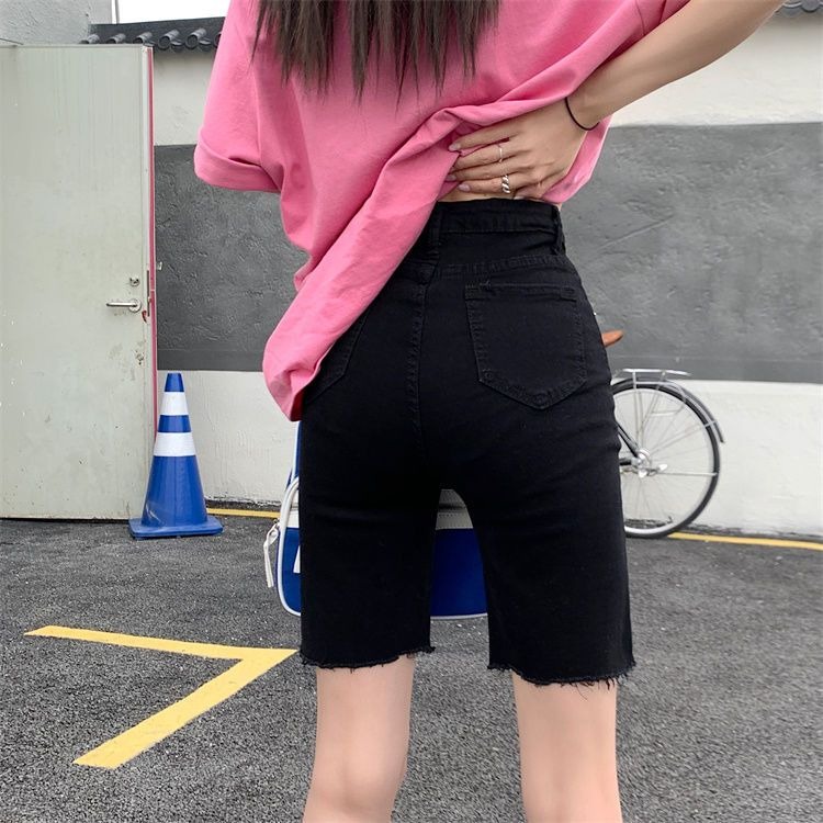 【Cewek_id】CELANA BIKER JEANS PENDEK WANITA  STRETCH SHORTS 3/4 SOBEK KOREAN STYLE RIPPED PANTS