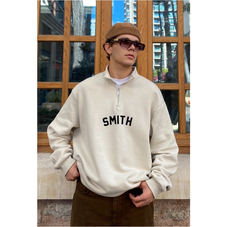 Halfzip Sweatshirt  House Of Smith /  Sweater  Beige Logo Teks Kapital / Crewneck Unisex ( Pria Wanita )