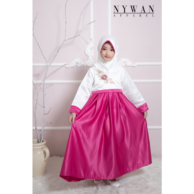 Nywan Apparel baju pakaian Gamis long dress Anak perempuan lebaran 2024 Satin mewah pink, krem, 1,2,3,4,5,6,7,8,9,10,11,12,13,14 Tahun termasuk hijab-2
