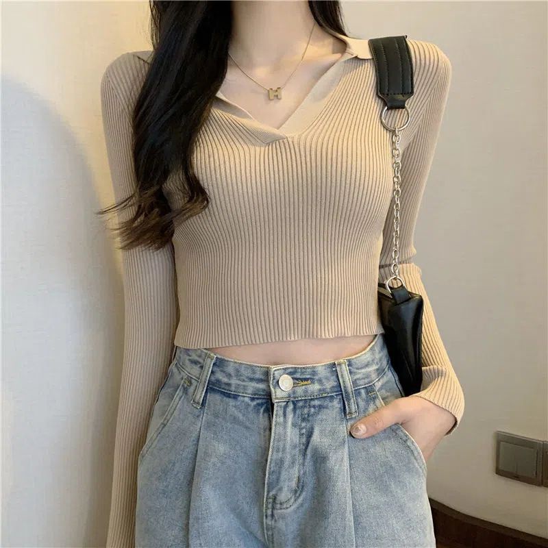 Poloshirt Knitwear D-99 Top Fashion Korean Crop Long Sleeve Polo Knit Top/Atasan Rajut Wanita Atasan Rajut Import Wanita/ Atasan Crop Baju Polo Korean Style Wanita