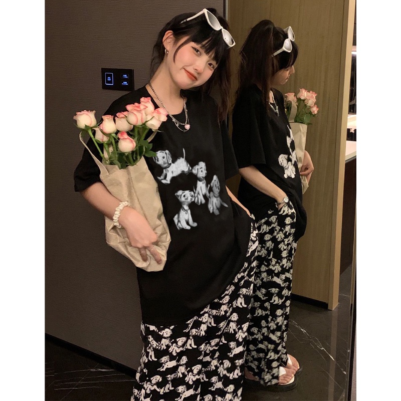 kaos wanita korean style oversize cute dog graphic print t-shirt import kekinian kaos hitam ootd