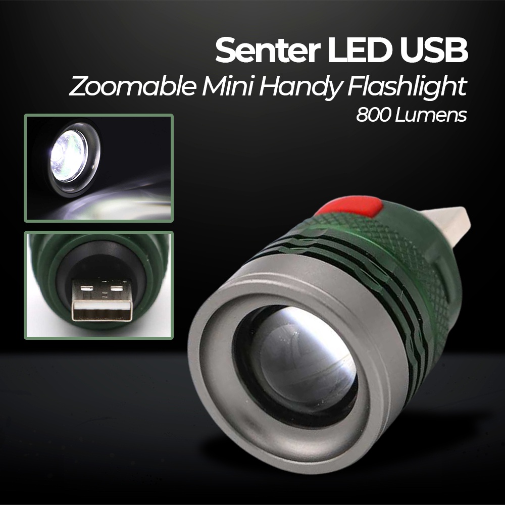 Senter LED USB Zoomable Mini Handy Flashlight 800 Lumens -OMLL69AG Army Green