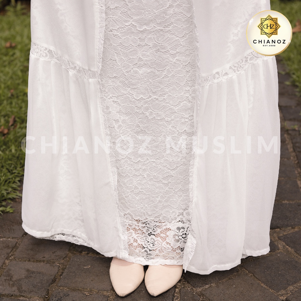 CHIANOZ Gamis Putih Mewah Nadia Dress Brukat Renda Baju Lebaran Umroh Haji Manasik Pesta Akad 337 335