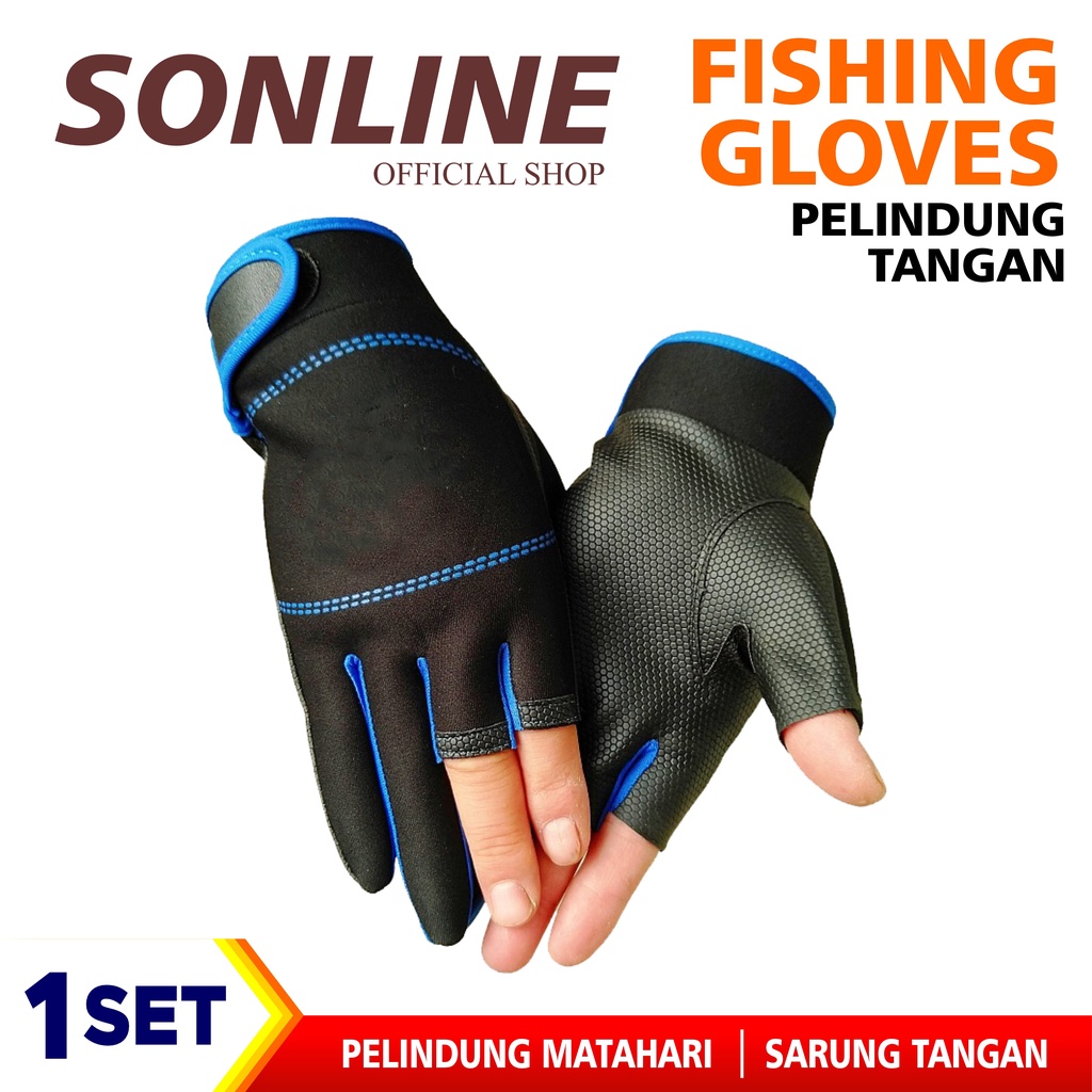 SONLINE Sarung Tangan Mancing Warna Hitam Biru Anti-Slip Gloves Waterproof Fishing Gloves Premium