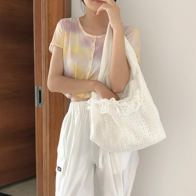 Tc-40 Tas Kain Kerut Renda Putih Wanita Import Jepang Shoulder Bag