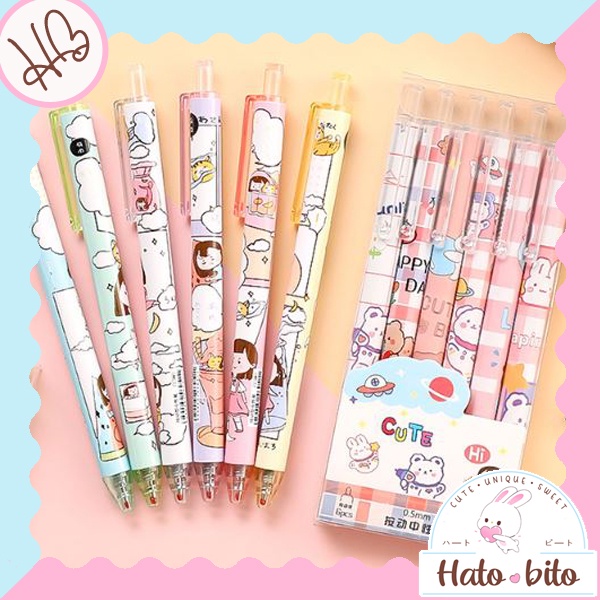 

1 set 6 pcs pulpen mekanik lucu cute gambar kartun tinta gel hitam pena aesthetic HB1375