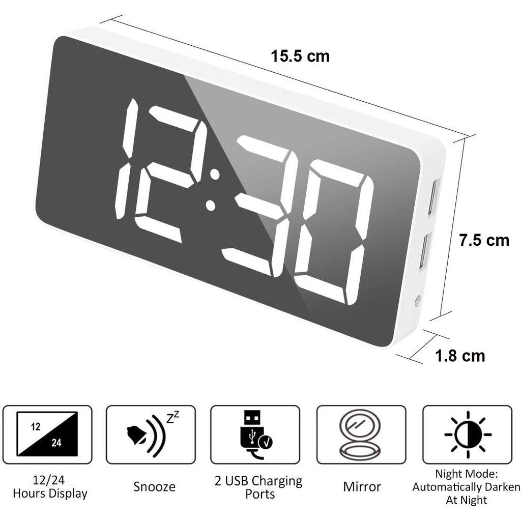 WulaWindy Jam Alarm Digital Mirrored LED Dimming Mode USB Charge - W15 - White