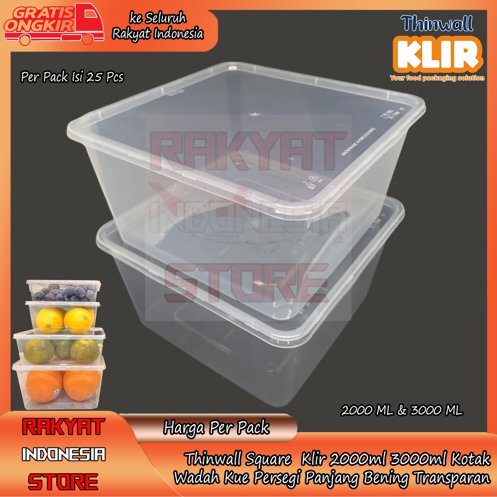 THINWALL SQUARE  KLIR 2000ML 3000 ML BOX KOTAK MAKAN KUE SALAD PERSEGI PANJANG PER PACK ISI 25 PCS B