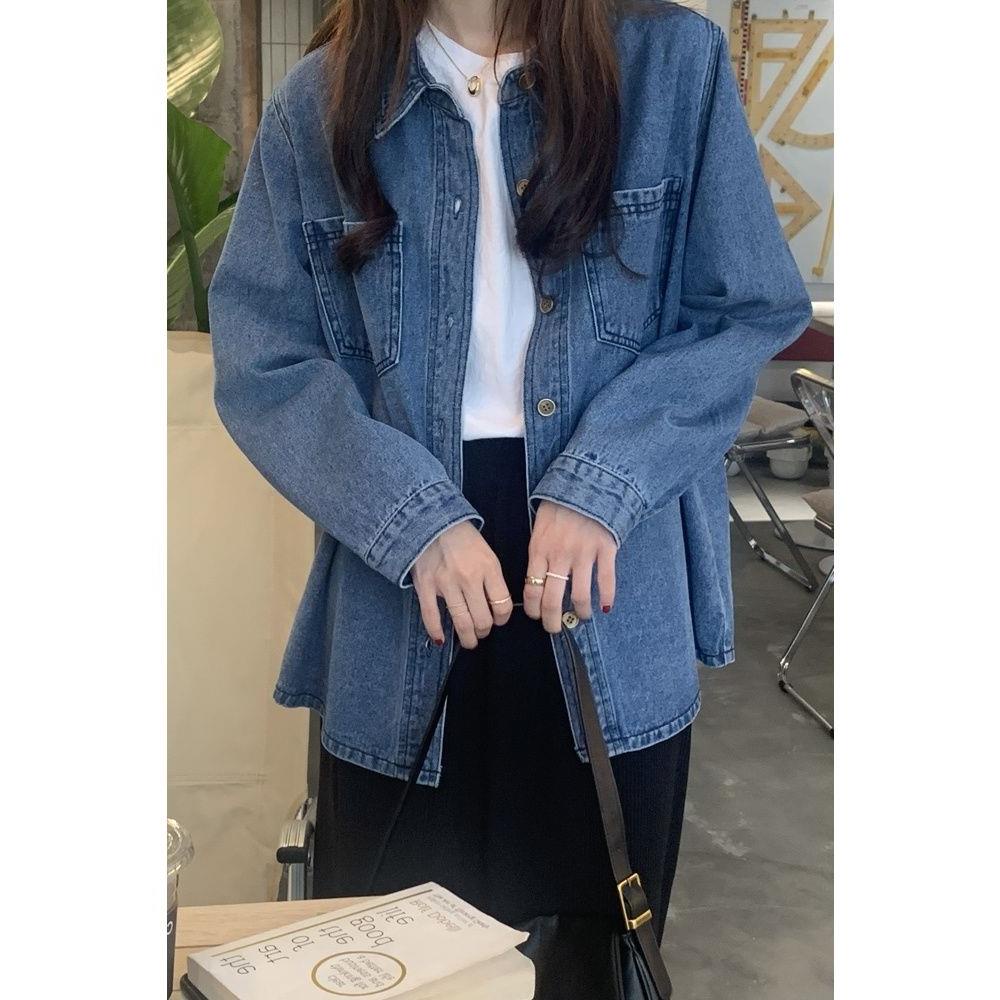 EUNII Kemeja Denim Wanita Lengan Panjang All-match Oversize Jaket Retro Korean Style Baju wanita