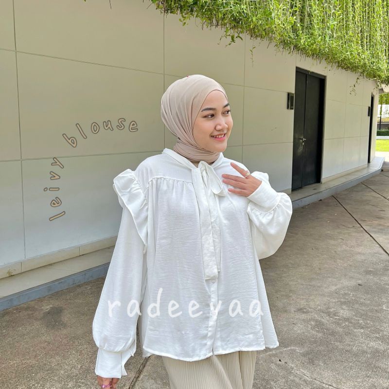 LEIVY KOREAN BLOUSE RIBBON AIRFLOW CRINKLE ATASAN WANITA RUFFLE PITA AESTHETIC