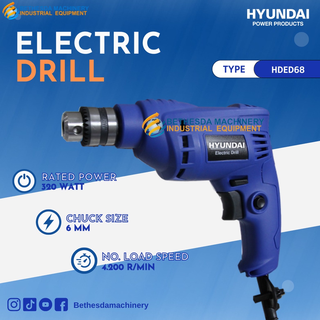 Mesin Bor Listrik Hyundai HDED68 Cordless Electric Drill 6mm