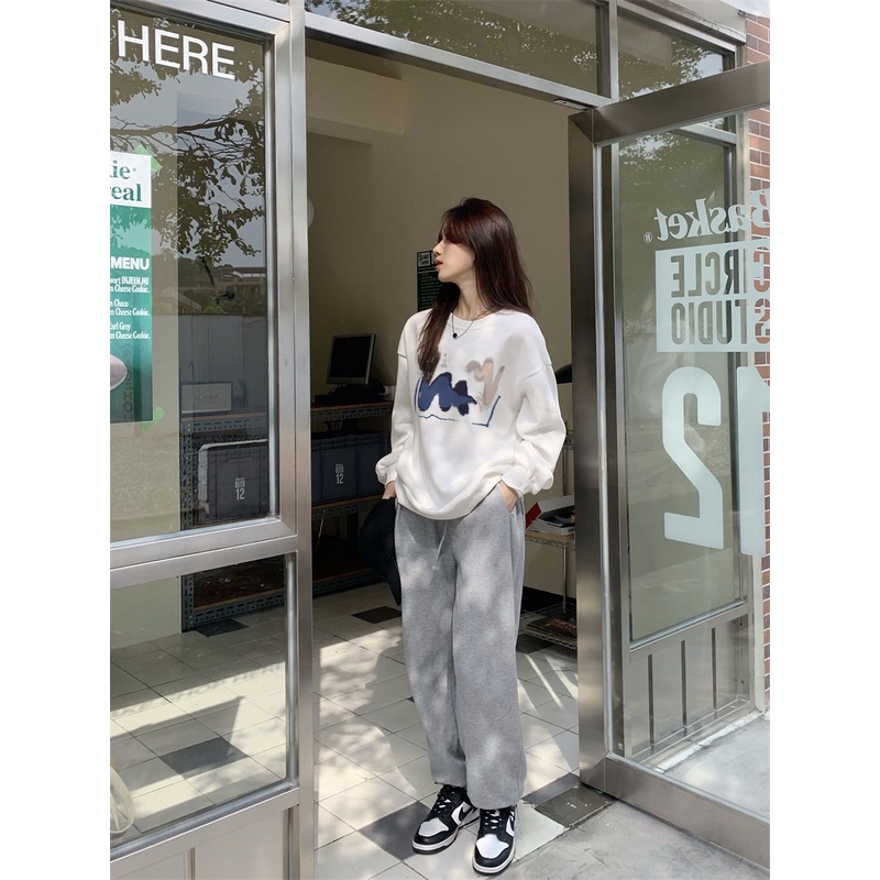 XIAOZHAINV Korean Style Style Crayon Doodle Pattern Lengan Panjang Baju Sweater Wanita