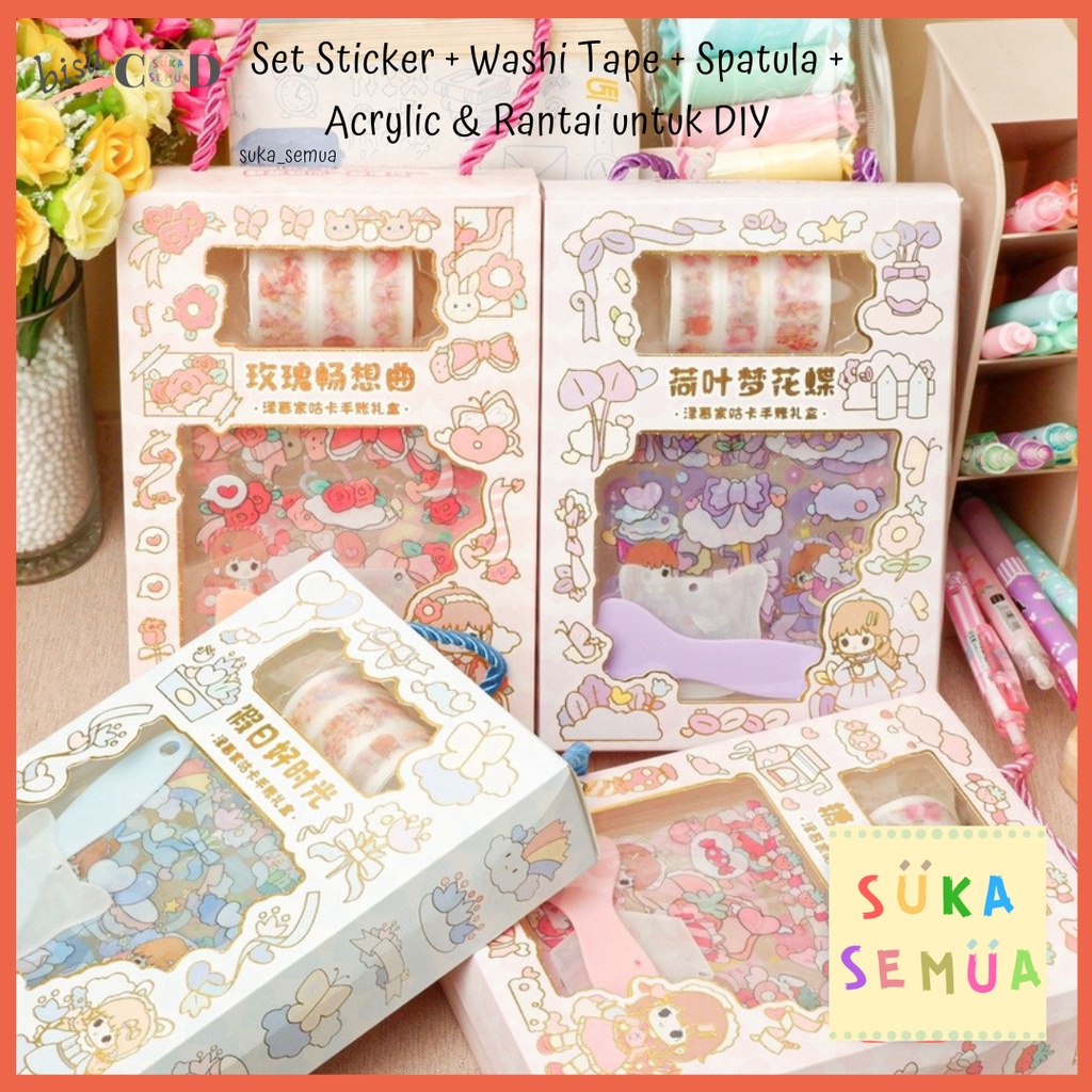 

Set Sticker + Washi Tape + Spatula + Acrylic & Rantai untuk DIY // SZ-85 JBE SCV Decorative Sticker Waterproof Transparan in Box / Kawaii Aesthetic Deco Stiker Plastik Anti Air & Solasi Isolasi Hias Bergambar dalam Kotak - jurnal jurnaling - COD