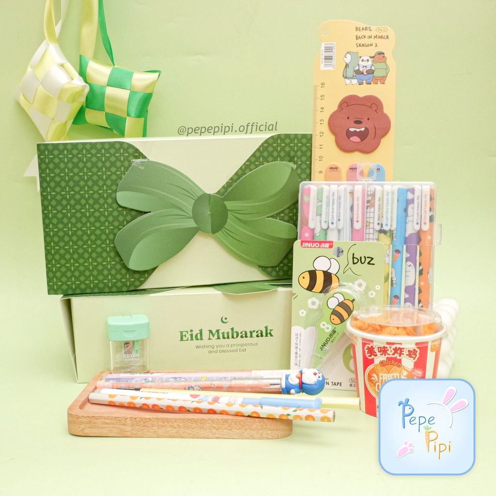 Parcel Lebaran Alat tulis + Box Cantik Eid Gift Ramadhan Romadhon Ramadan Cantik Bingkisan Kado Gift Anak Hampers Pena Pulpen Penghapus Rautan Cutter Paperclip Gantunagn Kunci Popit Hadiah