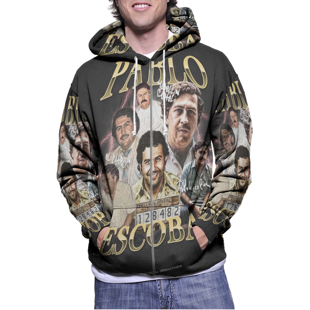 Jaket Hoodie Pablo Escobar Hoodie Ritsleting Fullprint Bahan Jersey Casual Unisex Hoodie Zipper