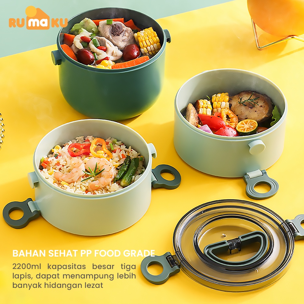 Rumaku Kotak Makan Tempat Makan Bekal Lunchbox Rantang Bulat 3 Tingkat 2200 ml Anti Bocor Free Sendok BPA FREE