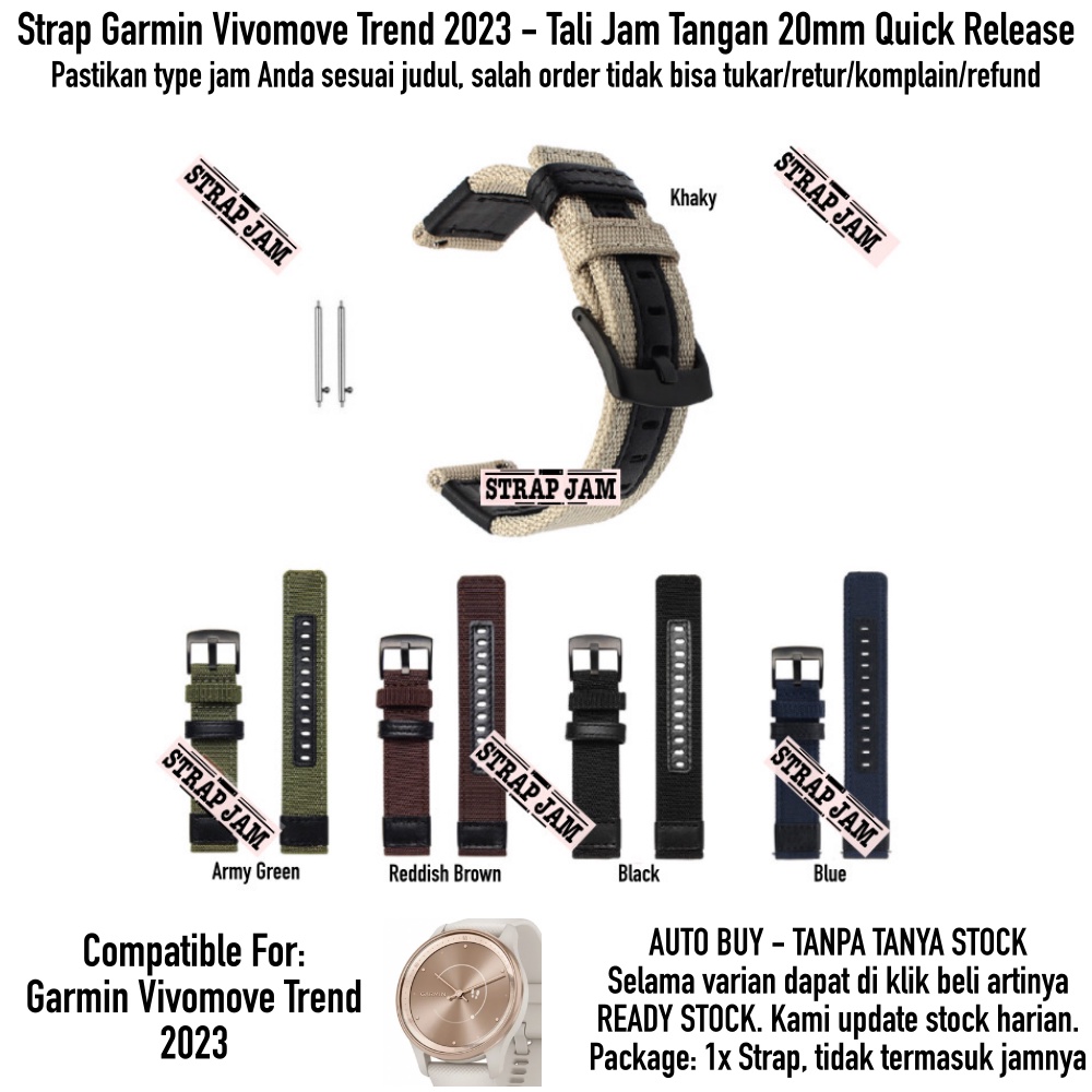 Tali Jam 20mm Watch Strap Garmin Vivomove Trend 2023 - Woven Nylon Nilon Tebal