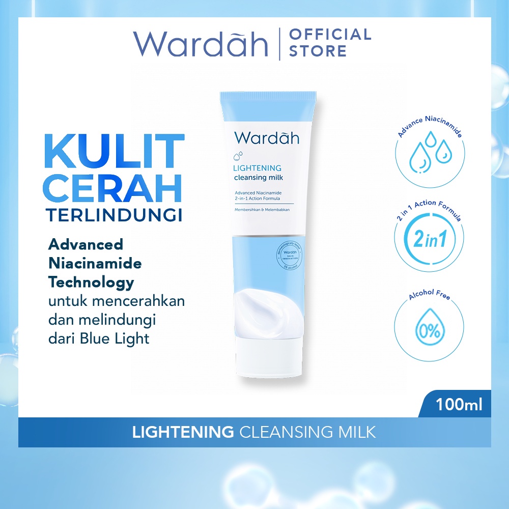 WARDAH Lightening Cleansing Milk Indonesia / Pembersih Wajah 100ml / Advanced Niacinamide 2 in 1 Action Formula / Membersihkan Melembabkan Mencerahkan Glowing Kulit Cerah Bersih Lembut Cleanser Facial Foam Wash Sabun Cuci Muka / Skincare Face Care Series